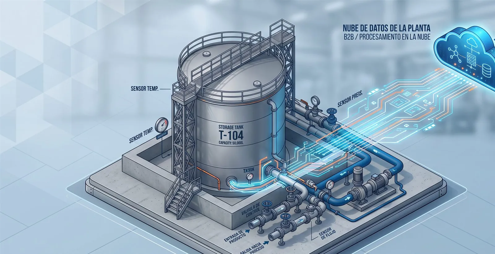 Ilustración de un tanque industrial con sensores conectados a la nube
