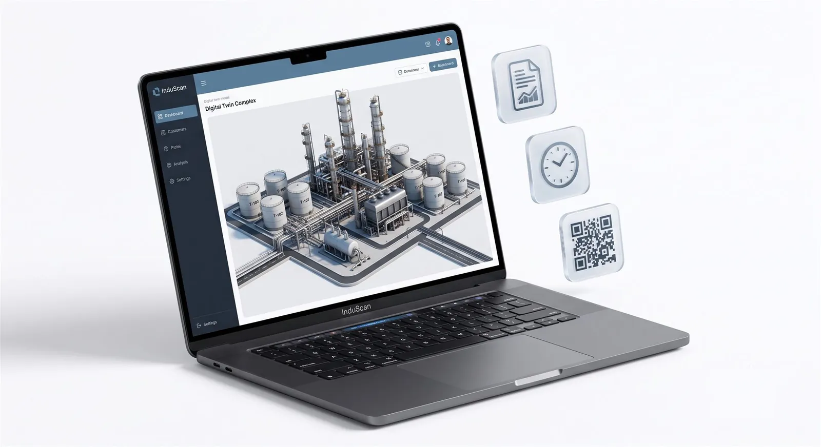 Ilustración de la plataforma Induscan mostrando el gemelo digital de una planta