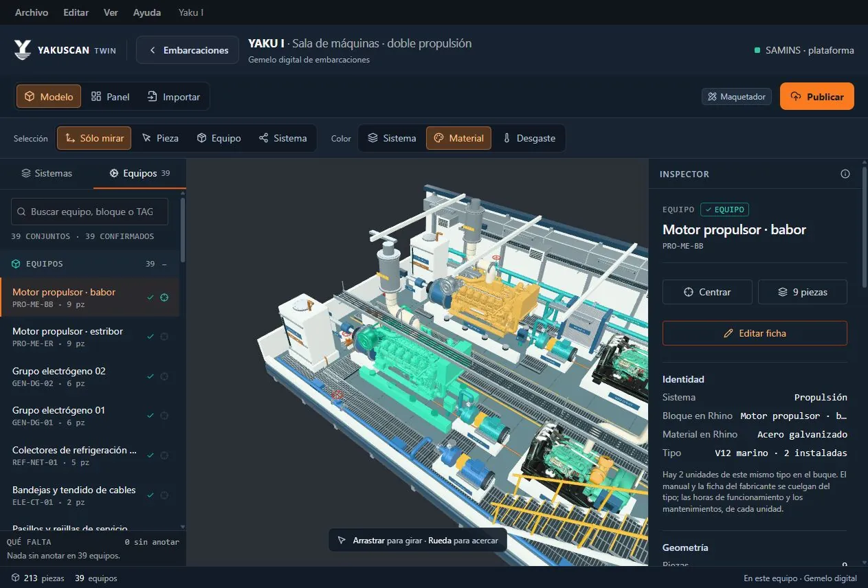 Interfaz de Yakuscan Twin con el inventario de equipos, el modelo 3D y la ficha del motor