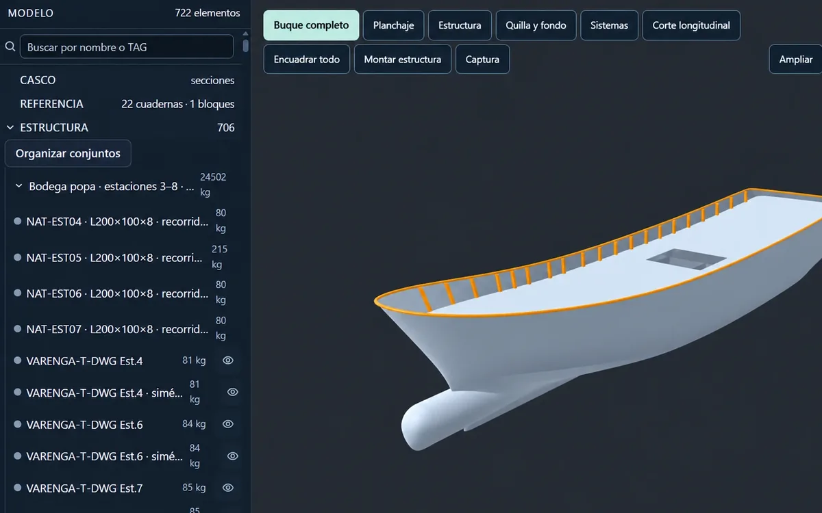 Yakuscan Works con la estructura de una embarcación: piezas con su peso y el casco con sus cuadernas en 3D