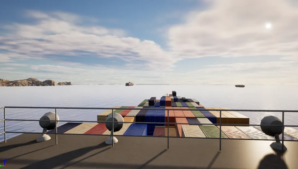 Vista desde el puente de un portacontenedores navegando en realidad virtual