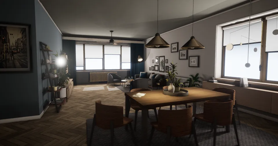 Render fotorrealista del comedor de un departamento en realidad virtual