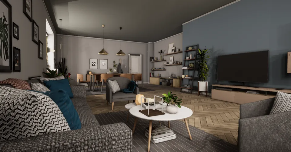 Render fotorrealista de la sala de un departamento recorrido en realidad virtual
