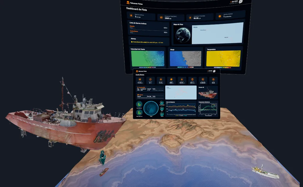 Embarcación escaneada sobre un mapa 3D de la costa, con el tablero de la flota flotando encima
