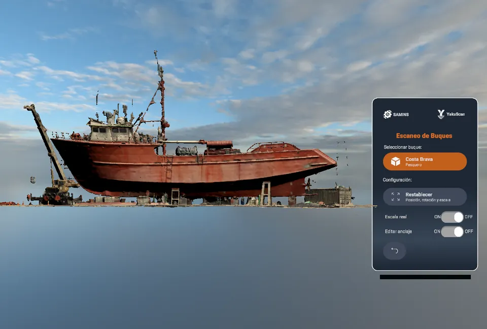 Pesquero escaneado en dique, visto en realidad virtual con el menú de Yakuscan