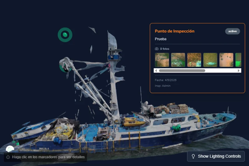 Plataforma Yakuscan con el modelo 3D de una embarcación pesquera y un punto de inspección con sus fotos